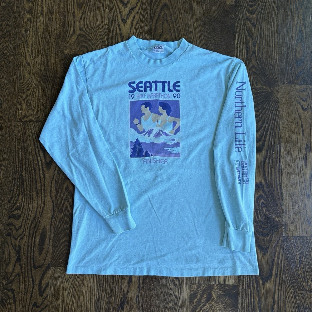 Vtg 1990 Seattle Half Marathon Finisher Long Sleeve L Anvil USA Made Teal Tee